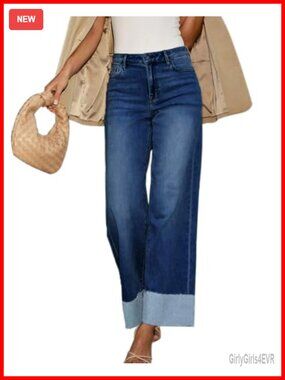 High Waisted Wide Leg Cuffed Jeans Frayed Raw Hem Stretchy Loose Fit Straight